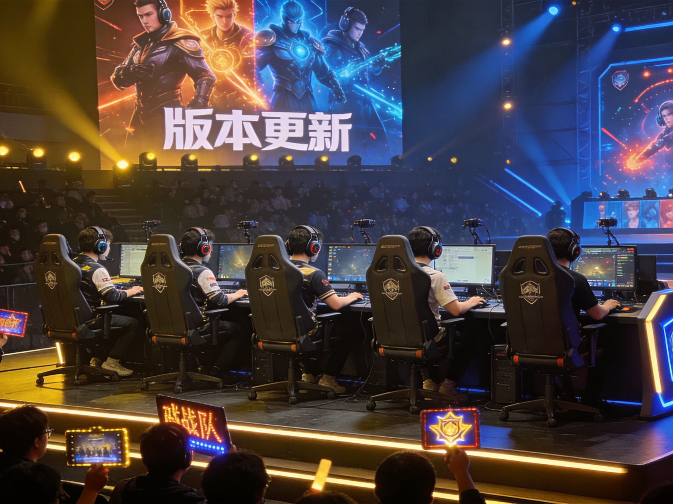 电子竞技比赛舞台与选手对战席位，用于电竞赛季中段观察文章配图